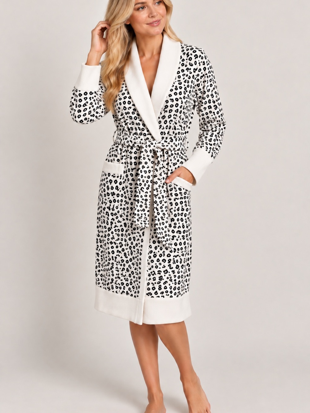 UGG Women's White Leopard Print Shawl Collar Robe Coat cotton blend size XS